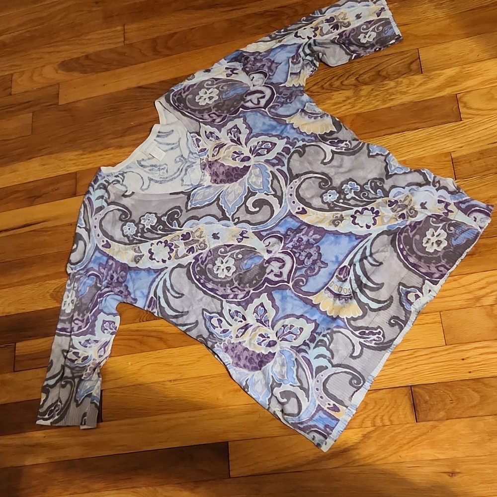 Chico's Misses Purple and Cream Floral Scroll Top Sweater EUC Size M